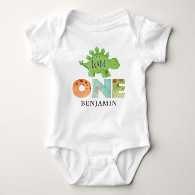 Personalized WILD ONE Dinosaur First Birthday Baby Baby Bodysuit (Front)