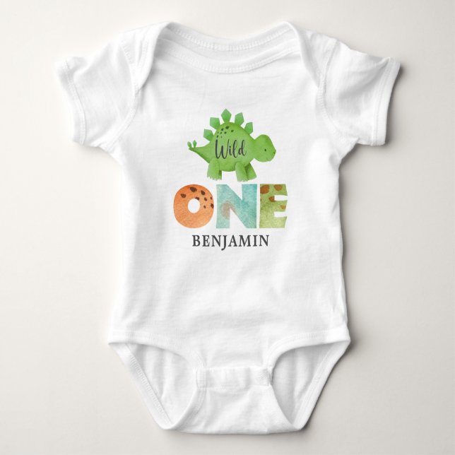 Personalized WILD ONE Dinosaur First Birthday Baby Bodysuit (Front)