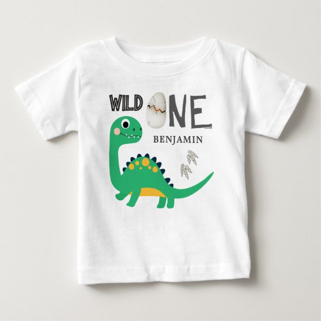 Personalized WILD ONE Dinosaur First Birthday  Baby T-Shirt (Front)
