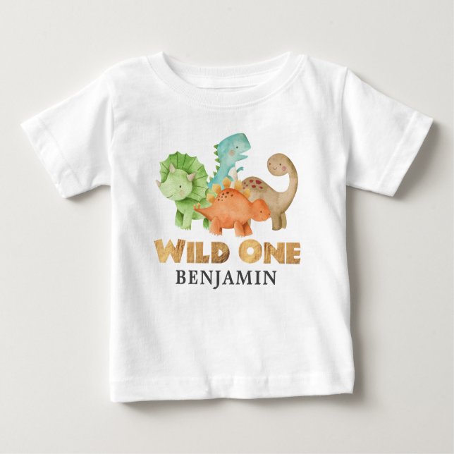 Personalized Wild ONE Dinosaurs 1st Birthday Baby T-Shirt (Front)