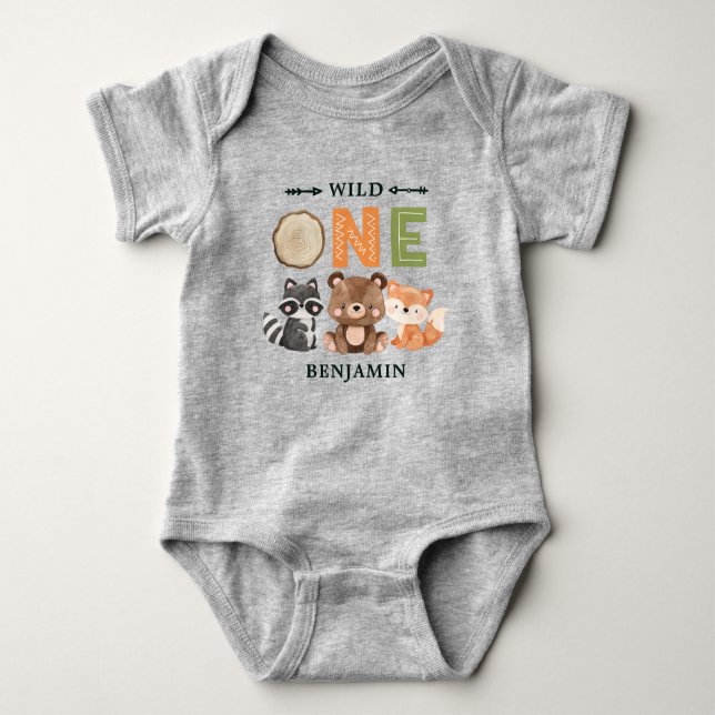 Personalized WILD ONE First Forest Birthday Baby Bodysuit (Front)