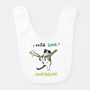 Personalized Wild One Greenery Safari Kitty Cat Baby Bib
