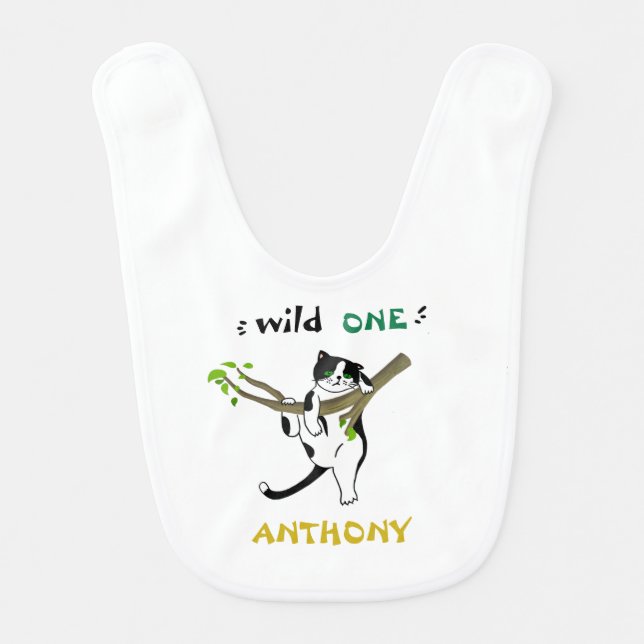 Personalized Wild One Greenery Safari Kitty Cat Baby Bib (Front)