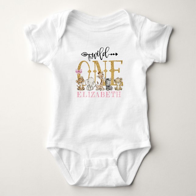 Personalized WILD ONE Pink Safari First Birthday Baby Bodysuit (Front)