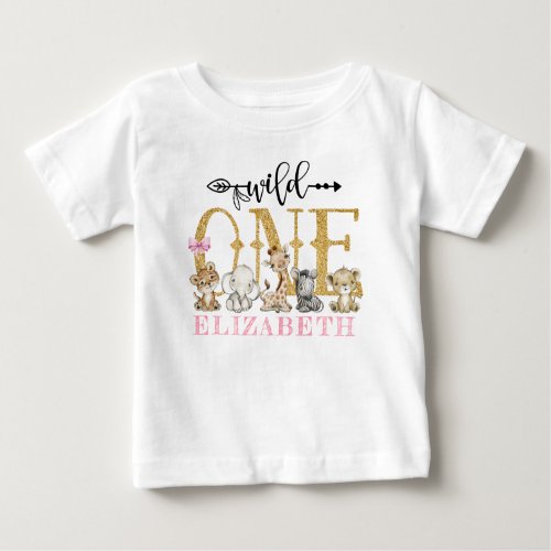 Personalized WILD ONE Pink Safari First Birthday Baby T_Shirt