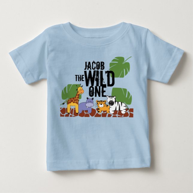 Personalized WILD ONE Safari blue First Birthday Baby T-Shirt (Front)