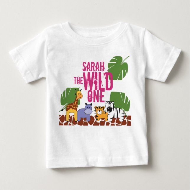 Personalized WILD ONE Safari First Birthday Pink Baby T-Shirt (Front)