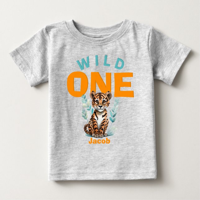 Personalized WILD ONE Tiger First Birthday Junglep Baby T-Shirt (Front)