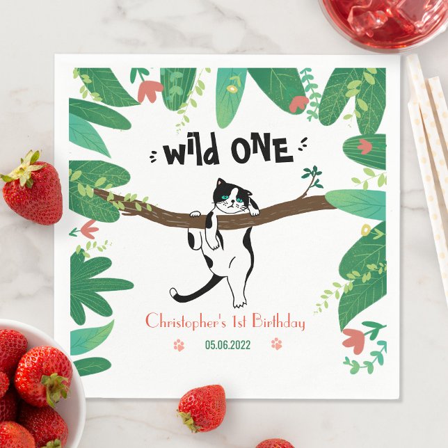 Personalized Wild One Tuxedo Cat Kids 1st Birthday Napkins (Creator Uploaded)