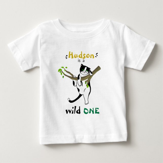Personalized Wild One Tuxedo Kitty 1st Birthday Baby T-Shirt (Front)