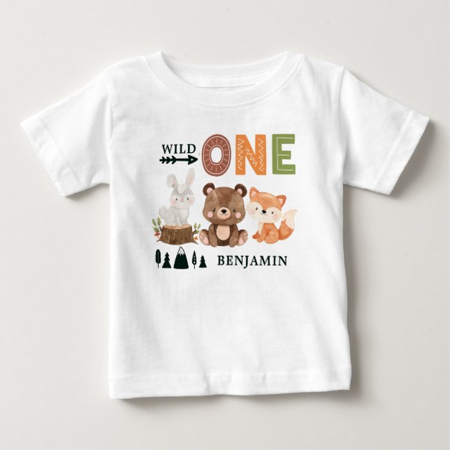 Personalized WILD ONE Woodland First Birthday  Bab Baby T-Shirt (Front)