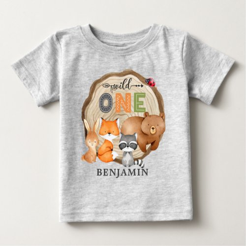 Personalized WILD ONE Woodland First Birthday Baby Baby T_Shirt