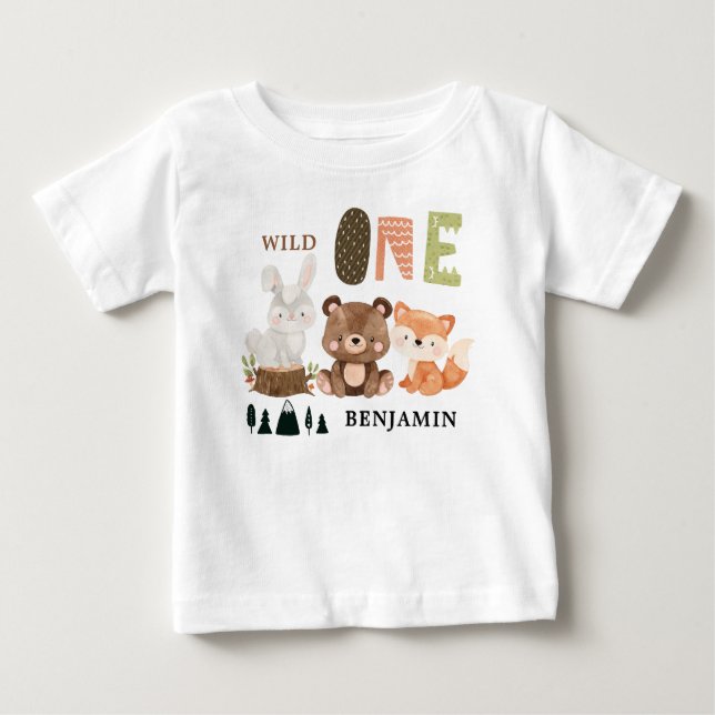 Personalized WILD ONE Woodland First Birthday  Baby T-Shirt (Front)