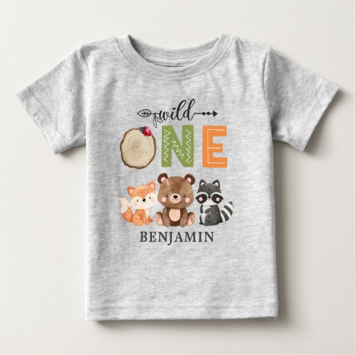 Personalized WILD ONE Woodland First Birthday Baby T_Shirt