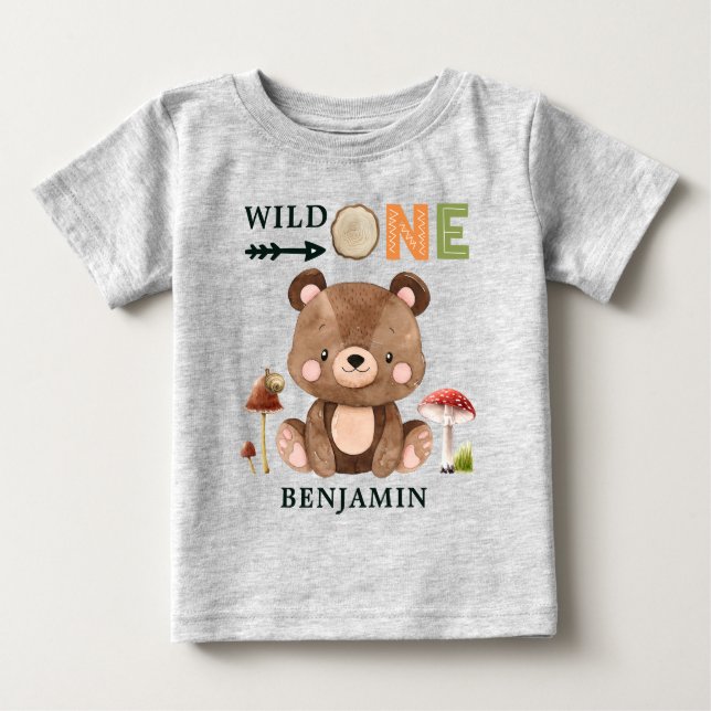 Personalized WILD ONE Woodland First Birthday Baby T-Shirt (Front)