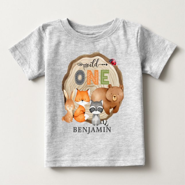 Personalized WILD ONE Woodland First Birthday Baby T-Shirt (Front)