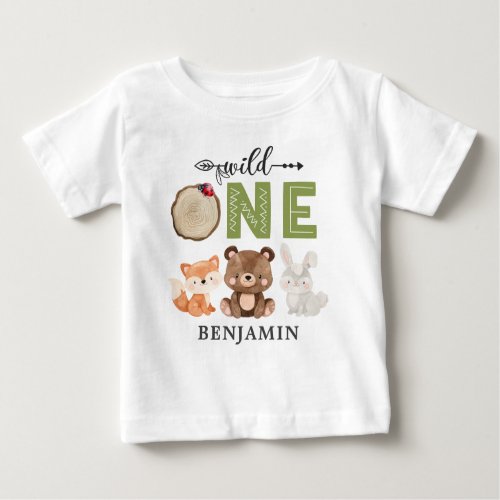 Personalized WILD ONE Woodland First Birthday Baby T_Shirt