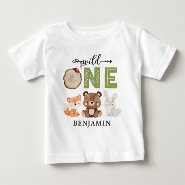Personalized WILD ONE Woodland First Birthday Baby T-Shirt (Front)
