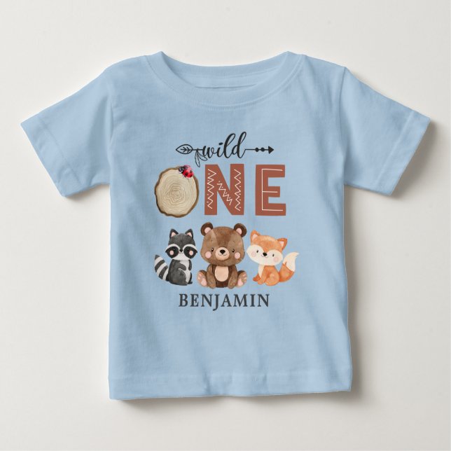 Personalized WILD ONE Woodland First Birthday Baby T-Shirt (Front)