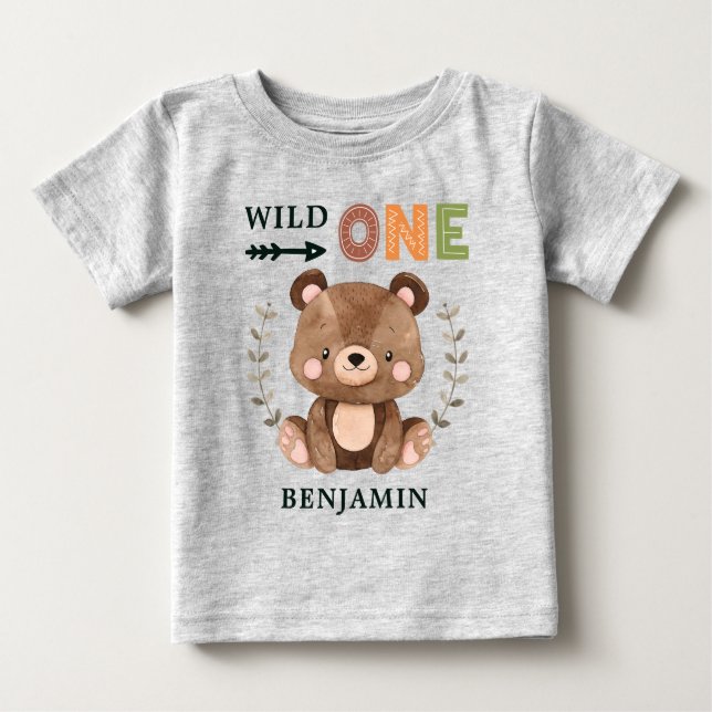 Personalized WILD ONE Woodland First Birthday Baby T-Shirt (Front)