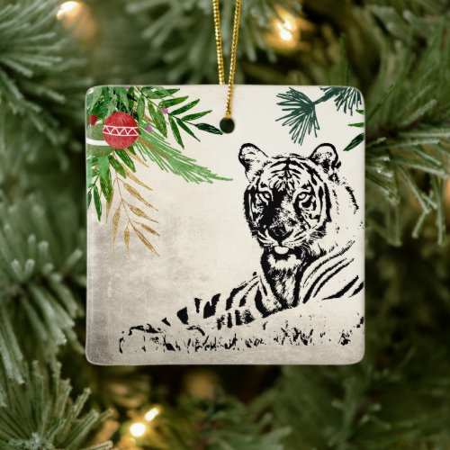 Personalized Wild Tiger and Palm Fronds Christmas Ceramic Ornament