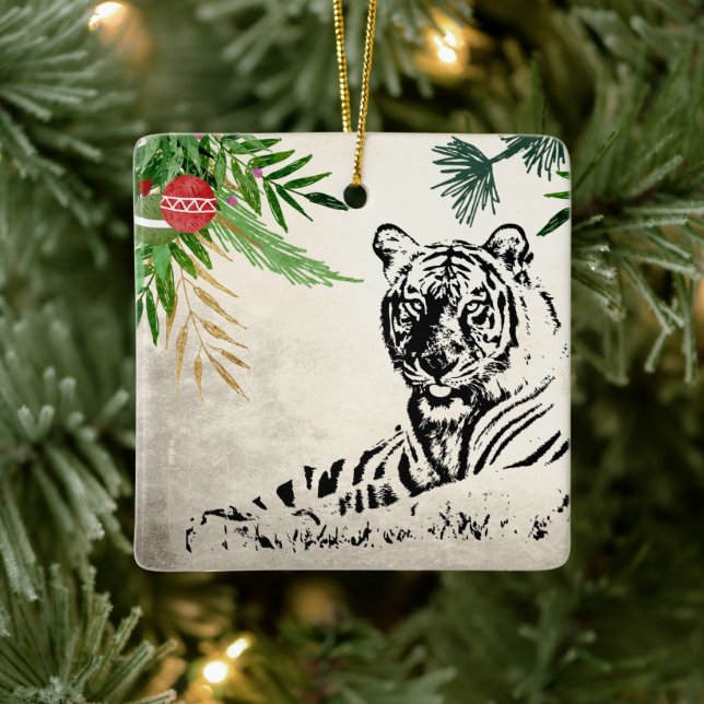 Personalized Wild Tiger and Palm Fronds Christmas Ceramic Ornament (Tree)