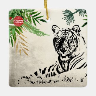 Personalized Wild Tiger and Palm Fronds Christmas Ceramic Ornament