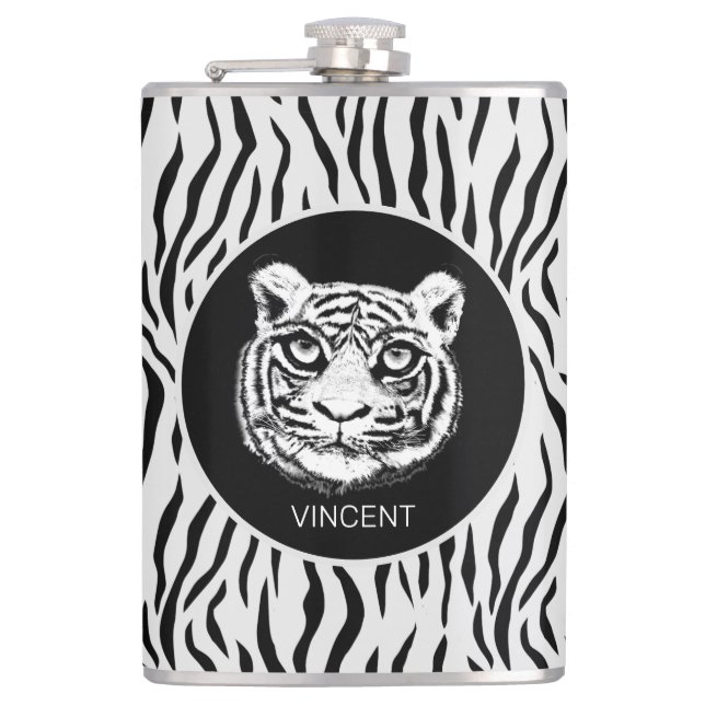 Personalized Wild Tiger Face on Tiger Skin Pattern Flask (Front)