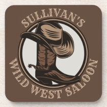 Personalized Wild West Saloon Western Cowboy Boots Beverage Coaster