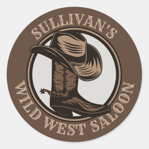 Personalized Wild West Saloon Western Cowboy Boots Classic Round Sticker