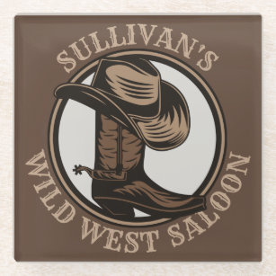 Personalized Wild West Saloon Western Cowboy Boots Glass Coaster