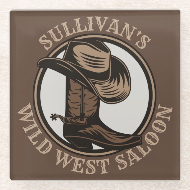 Personalized Wild West Saloon Western Cowboy Boots Glass Coaster (Front)