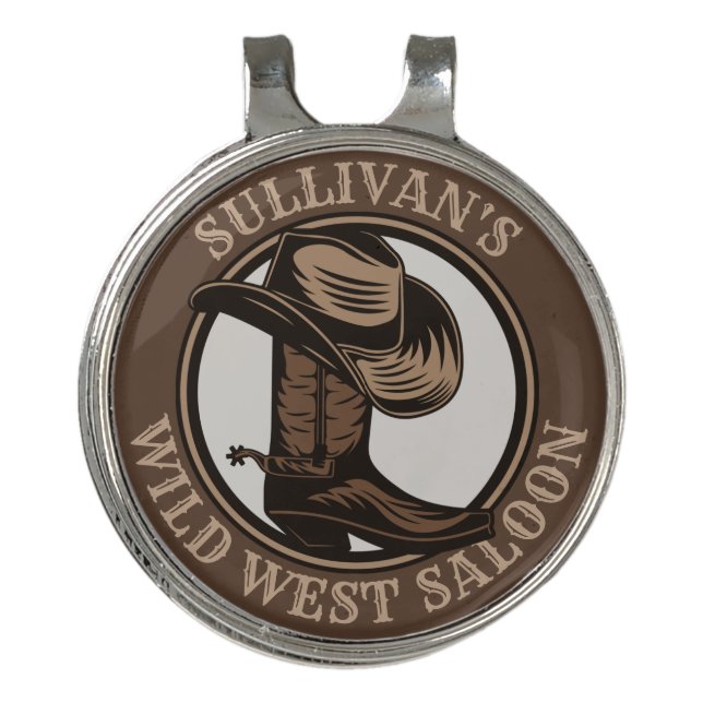 Personalized Wild West Saloon Western Cowboy Boots Golf Hat Clip (Front)