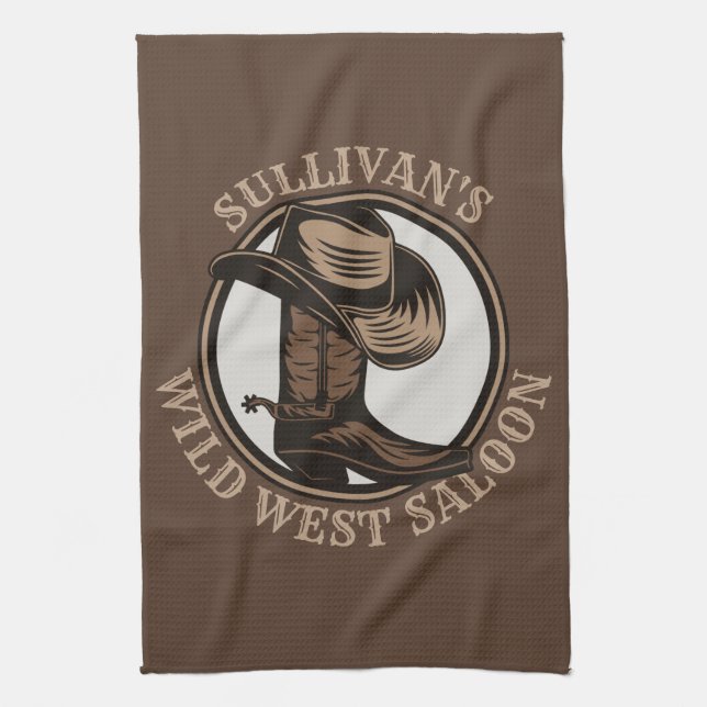 Personalized Wild West Saloon Western Cowboy Boots Kitchen Towel (Vertical)