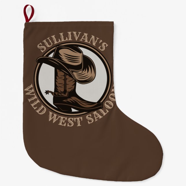 Personalized Wild West Saloon Western Cowboy Boots Large Christmas Stocking (Front)