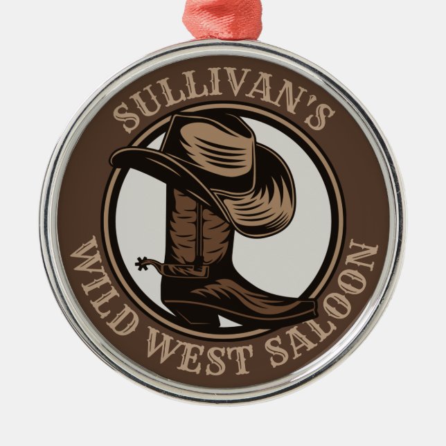 Personalized Wild West Saloon Western Cowboy Boots Metal Ornament (Front)