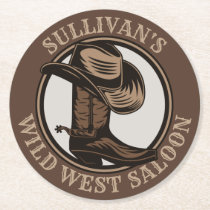 Personalized Wild West Saloon Western Cowboy Boots Round Paper Coaster