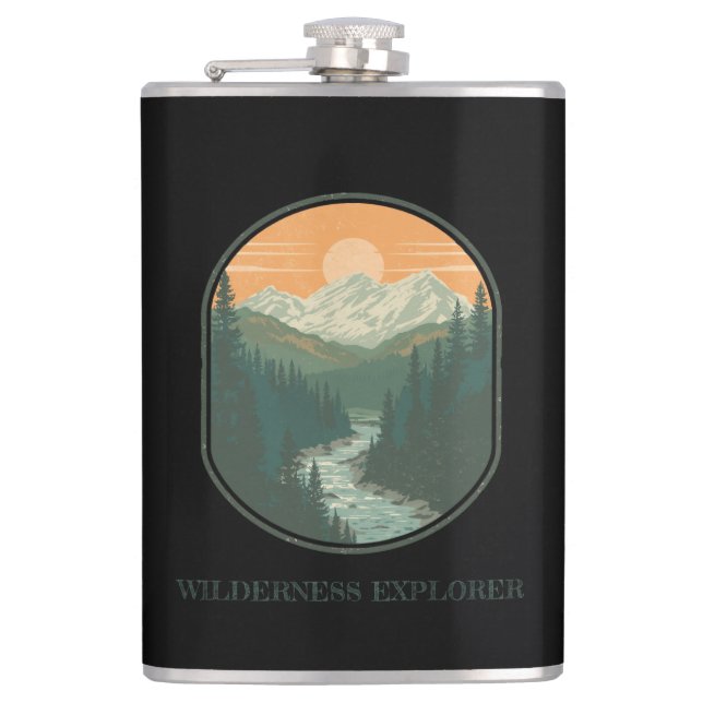 Personalized Wilderness Explorer Retro Mountain  Flask (Front)