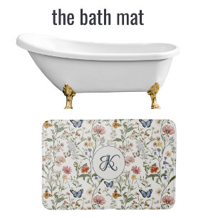 Personalized Wildflower Butterfly Floral Garden Bath Mat