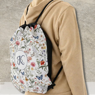 Personalized Wildflower Butterfly Floral Garden Drawstring Bag