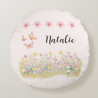 Personalized Wildflower & Butterfly Round Pillow