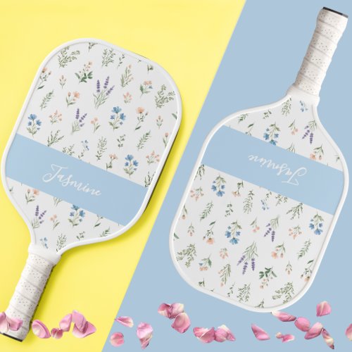Personalized Wildflower Custom Name Floral Blue Carbon Fiber Pickleball Paddle