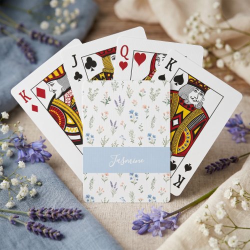 Personalized Wildflower Custom Name Floral Blue Poker Cards