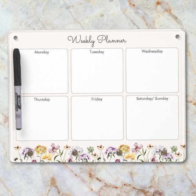 Personalized Wildflower Garden Weekly Planner Dry Erase Board With Keychain Holder (Close up)