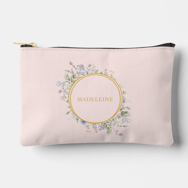 Personalized Wildflower Gold and Pink Accessory Pouch (Front)