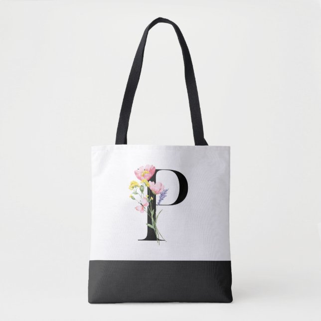 Personalized Wildflower Monogram Letter P Tote Bag (Front)