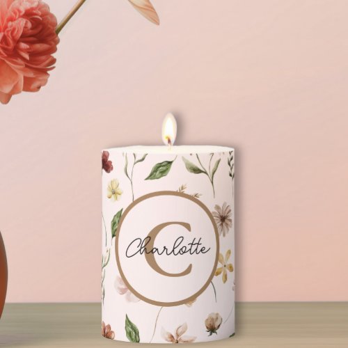 Personalized Wildflower Monogram Name Floral Pillar Candle