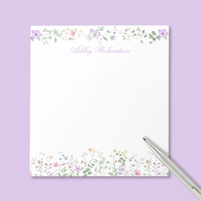Personalized Wildflower Notepad (elegant pretty girly wildflower floral notepad with custom name monogram in script calligraphy)