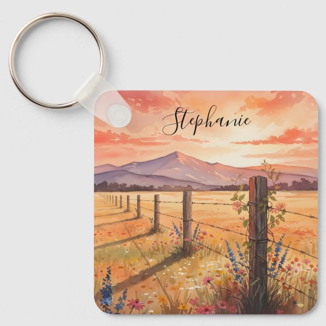 Personalized Wildflower Sunset Charm Keychain (Front)