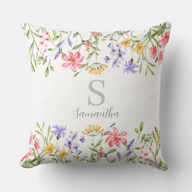 Personalized Wildflower Watercolor  Throw Pillow (Front)